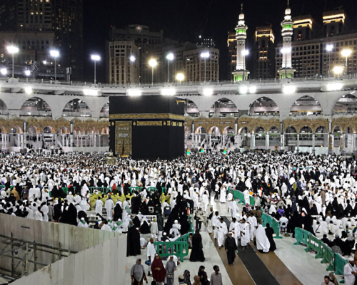 Umrah pilgrims at Kaaba Mecca spiritual journey travel banner